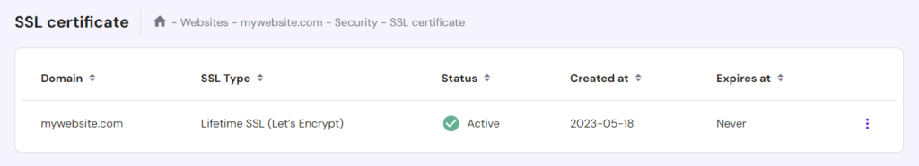 SSL certificate settings in the Hostinger hPanel control panel