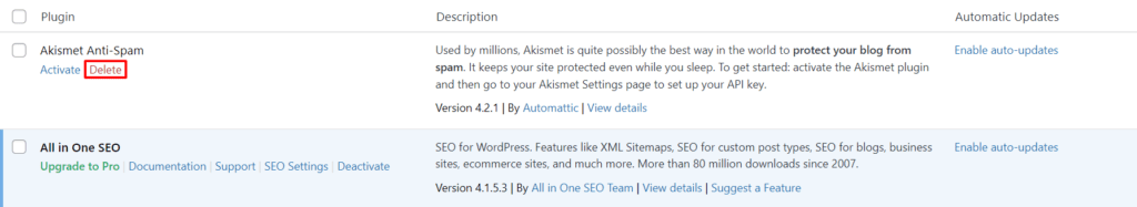 Deleting unused plugins from the WordPress plugins screen