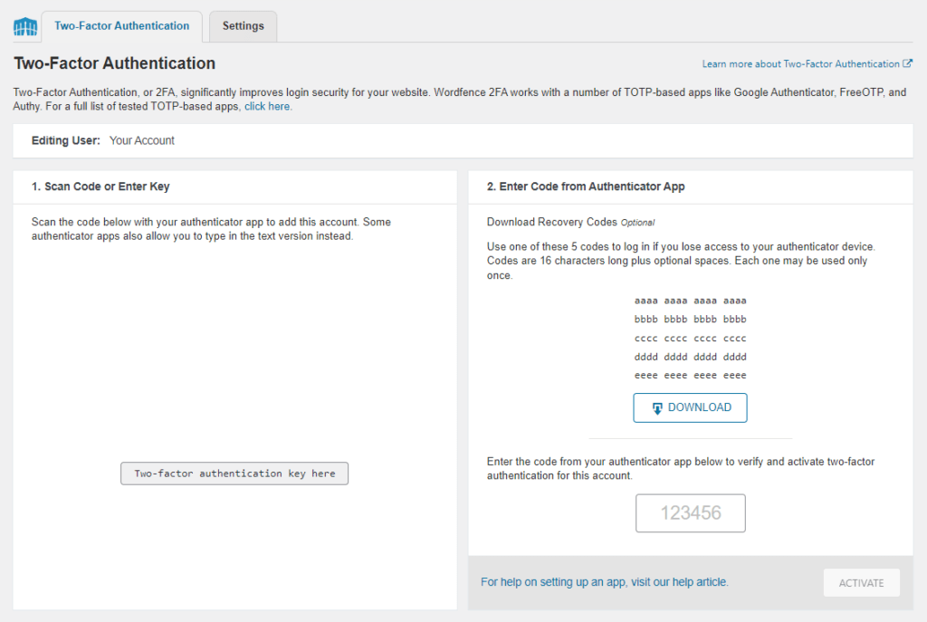 Two-factor authentication settings in the WordPress dashboard